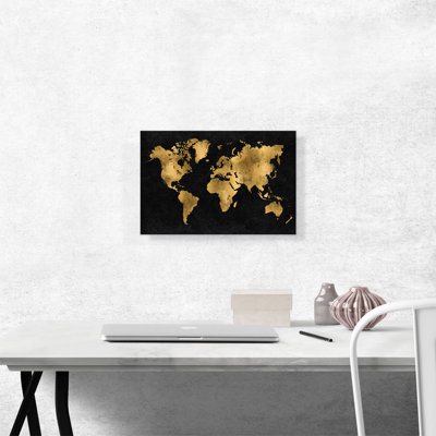 «Black Yellow World Map Globe», impression sur toile tendue