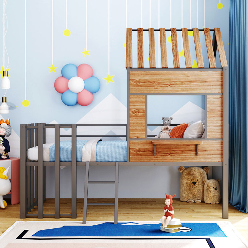 Metal Twin Size Loft Bed With Intriguing Roof, Window & Mesmerizing Window, Roof, Silver