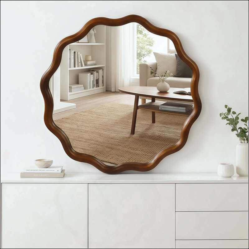 Miroir décoratif rond ondulé avec cadre en bois massif, miroir mural pour chambre à coucher, salle de bain, salon et entrée