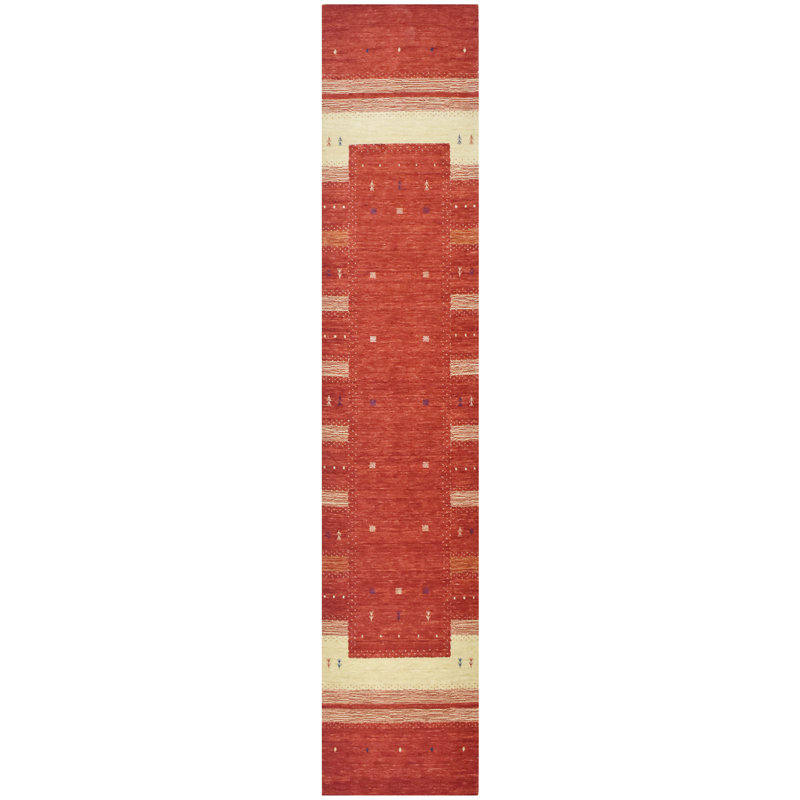 Hand Knotted Wool Striped Area Rug in Red/Beige, Runner 2'6" x 12'