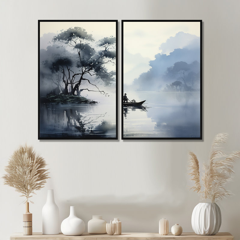 «Asian Art Ink Lake II», art mural sur toile, H 36 po x l 48 po, Reproduction encadrée sans passe-partout, Noir