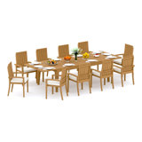 13 Pcs Grade-A Teak Wood Dining Set: 122" Caranas Double Extension Rectangle Table And 12 Goa Stackng Arm Chairs #11GO2912