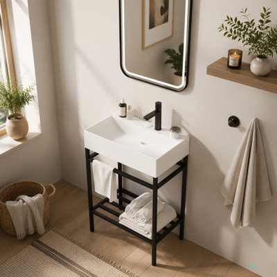 Meuble-lavabo 24 po avec lavabo en céramique, ensemble de lavabo console sur pied, lavabo rectangulaire en céramique brillant sans robinet, pieds en métal ouverts, tablettes de rangement