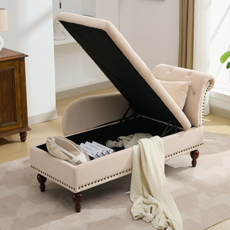 Keshawna Velvet Storage Chaise Lounge, Beige