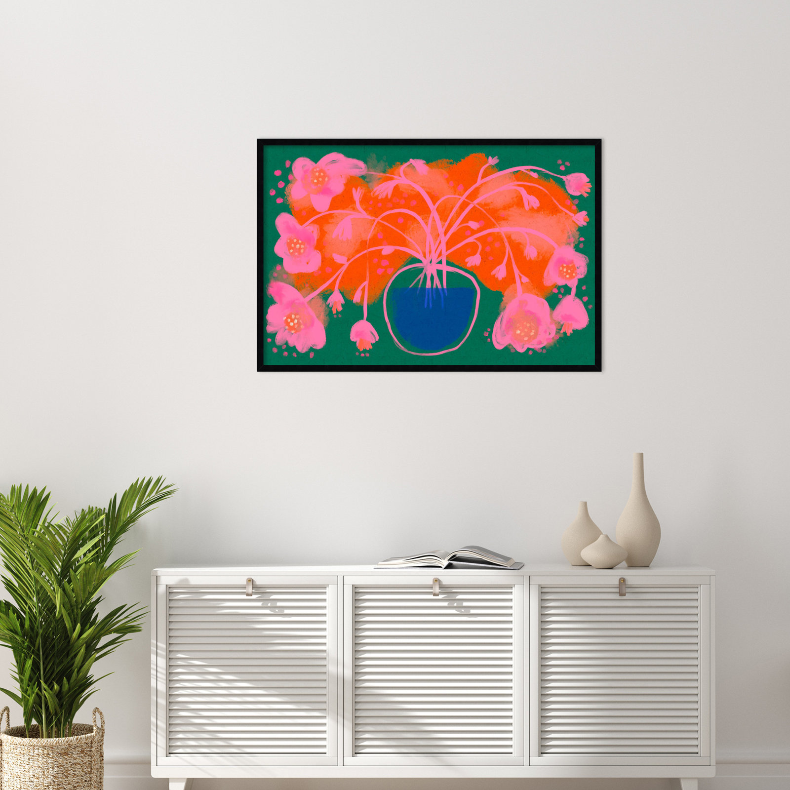 Galya "Pink Flower Bouquet" Print, Black, 28" H x 41" W