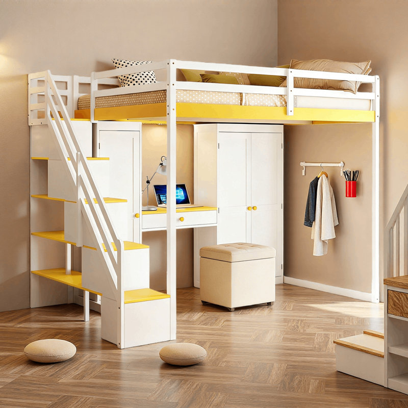 Full Modern Loft Bed With Lighted Vanity Desk, Storage Stairs, Cabinet And Armoire, White/Yellow