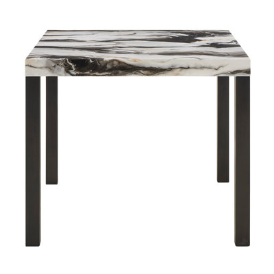 Table de salle à manger moderne à hauteur de comptoir carrée, plateau en faux marbre, pieds à finition noire, contraste audacieux (blanc / brun)