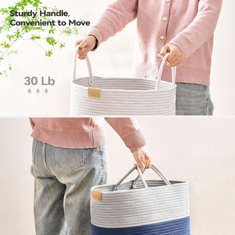 Laundry Hamper Laundry Basket For Clothesdecorative Storage Basket For Blanketscotton Rope Woven Basket For Bedroom, Navy