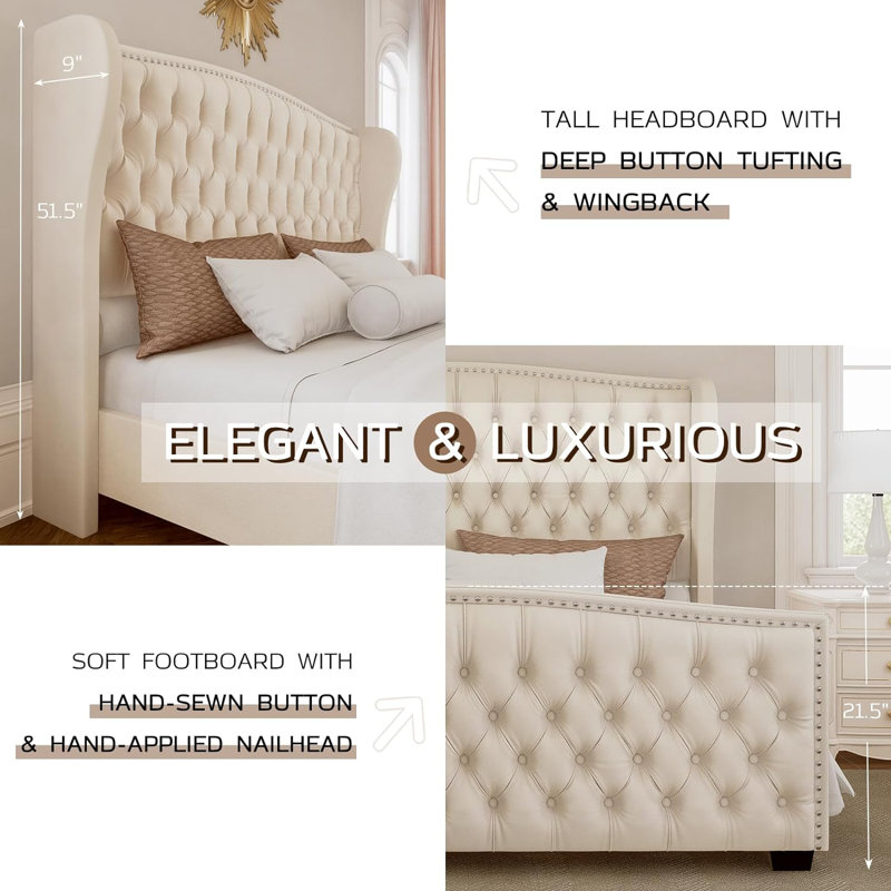 Platform Bed Frame With Wingback Headboard, King, Cream