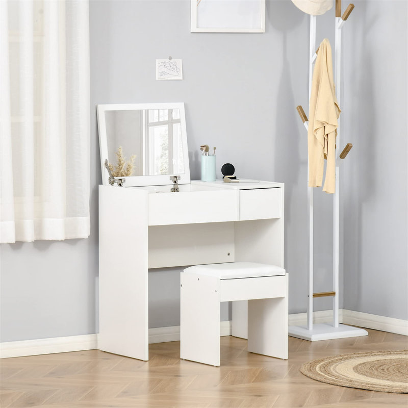 Makeup Desk With Drawer, Vanity Table Set With Flip-Up Mirror And Cushioned Stool, White