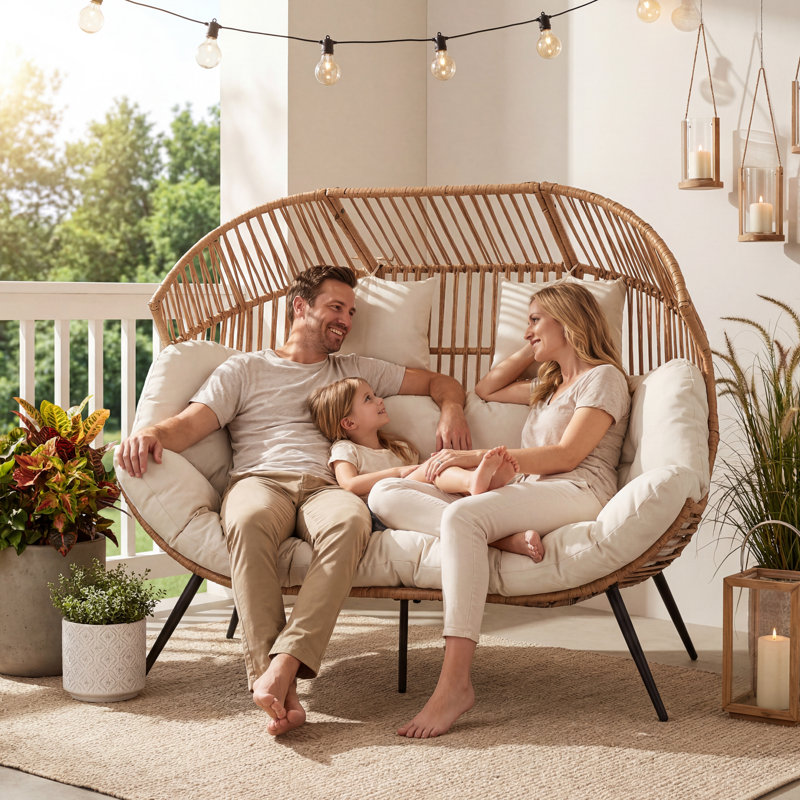 Fauteuil en osier pour 2 personnes avec coussins