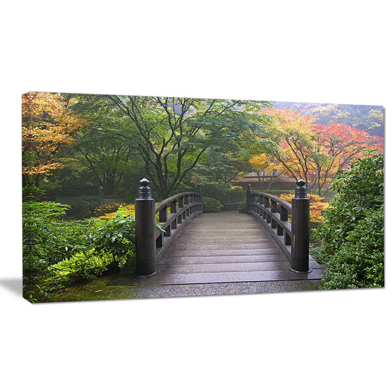 Wood Bridge At Japanese Garden In Fall - Wrapped Canvas Print, 28" H x 60" W x 1" D