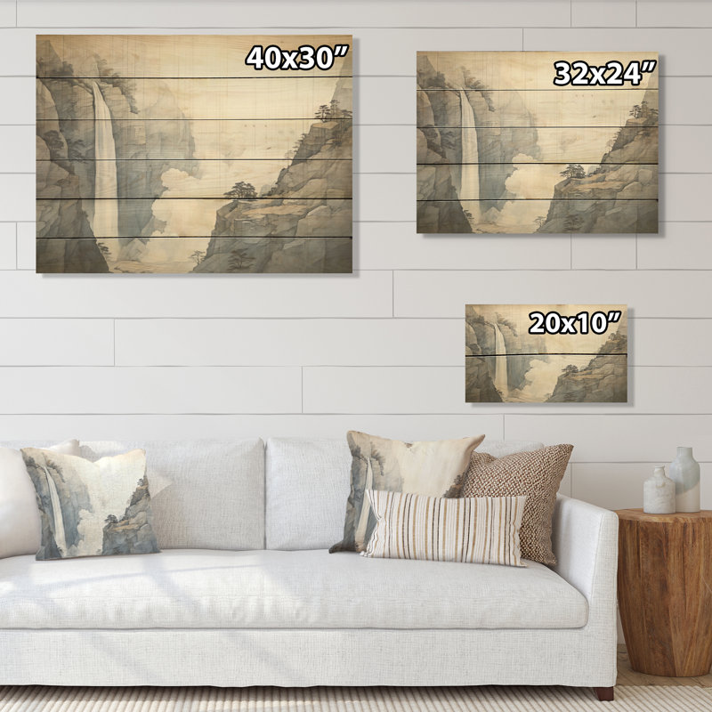 Beige et gris, simple cascade de falaise - panneau de bois en cascade, art mural sur bois de pin naturel, H 10 po x l 20 po