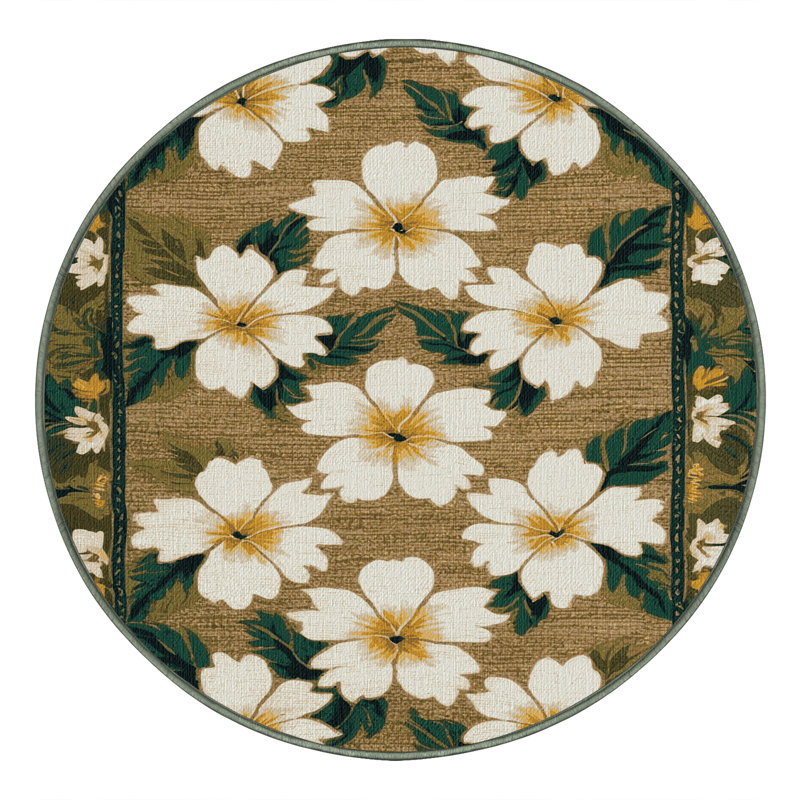 Washable Pikake Hawaiian Area Rug, Round 5'