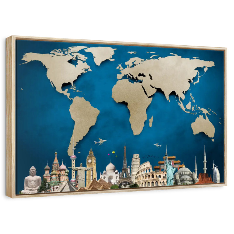 Ocean Blue World Map, Floating Frame Natural Wood, 31" X 21"