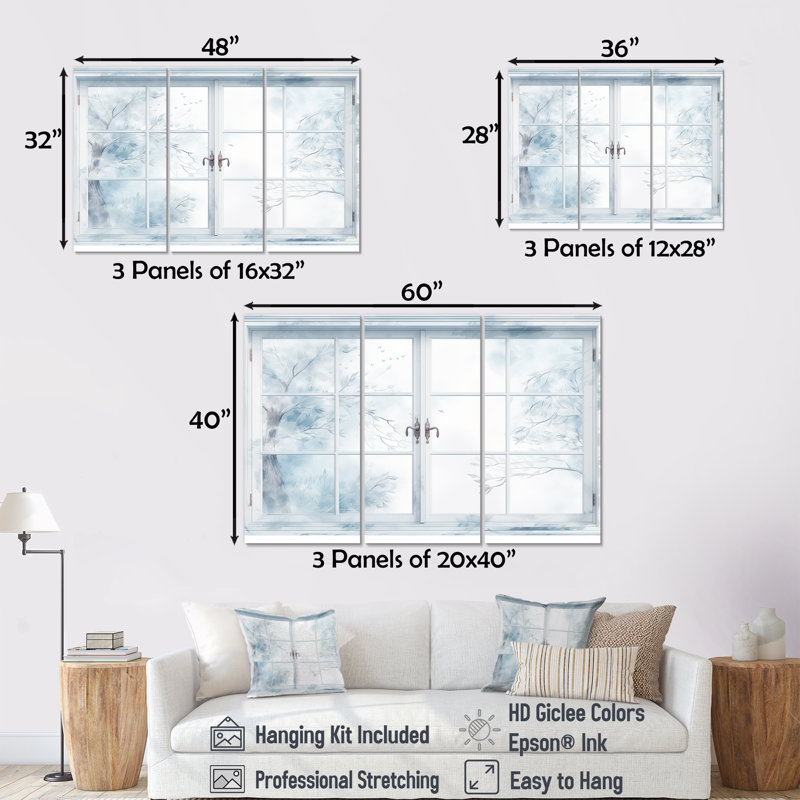 Frosty Winter Window View - Winter Landscape, art mural, Toile tendue, H 32 po x l 48 po x P 1 po