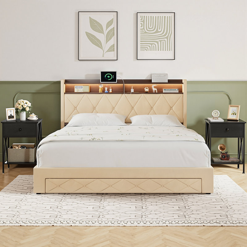 Ensemble de chambre à coucher 3 pièces avec lit de rangement rembourré et 2 tables de chevet, tête de lit bibliothèque avec lumières DEL, cadre de lit de station de charge, lit plateforme capitonné, ensemble de table de chevet industriel,
