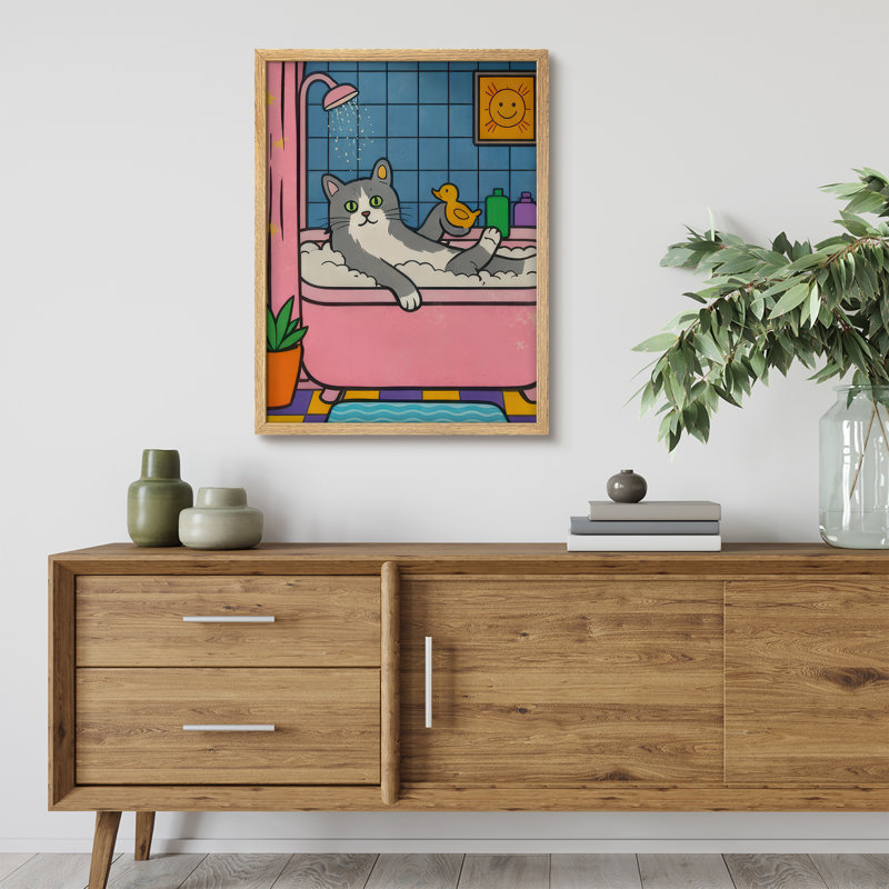 Cute Cat Bath Framed Wall Art Prints - Cartoon cat in bathtub, for bathroom, H 10 po x l 8 po, Naturel