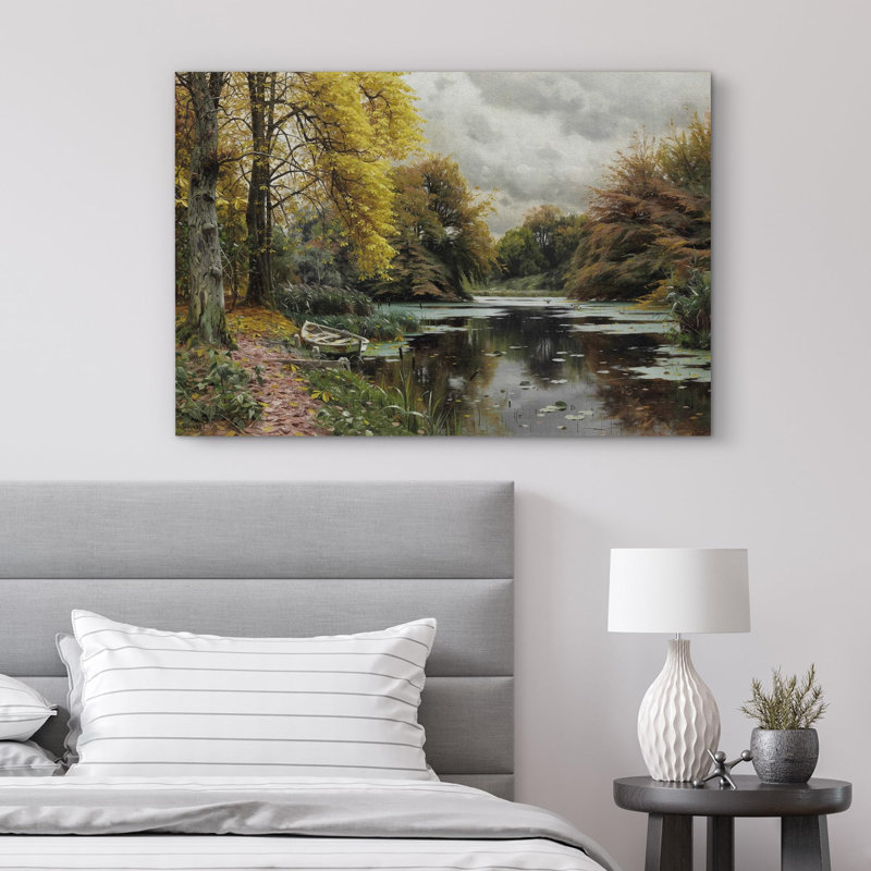 Lake River Landscape " Pine Tree Forest River ", Wrapped Canvas, 24" H x 36" W