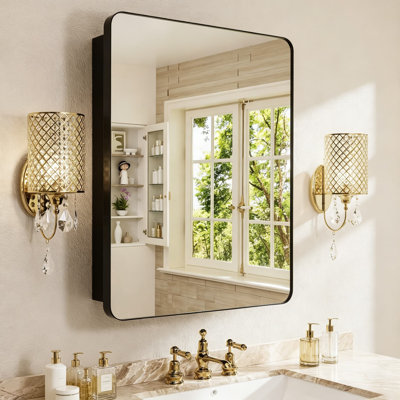 Pharmacie avec miroir 16 po x 24 po, armoire de salle de bain en aluminium encastrée ou à fixation en surface, 8 tablettes réglables en verre, charnière à fermeture en douceur DTC, pré-assemblée, noir mat