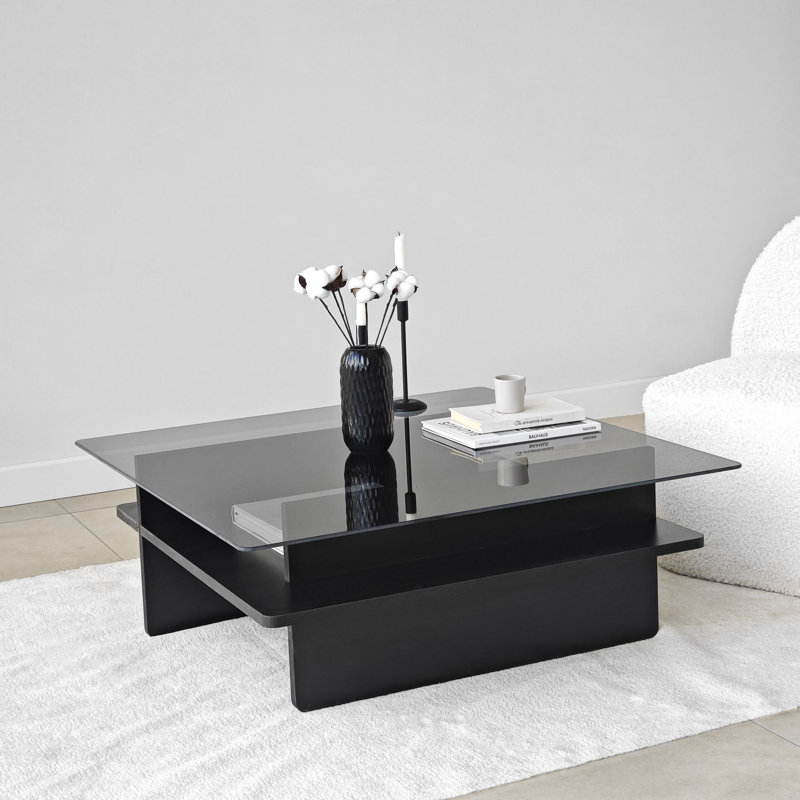 Modern Coffee Table, Black & Fume Color, 35.4 x 13.8 x 35.4 inches | 100% Tempered Glass Top, 100% Melamine Coated Particle Board Frame, PVC Edgebanding | Stylish Addition for Living Room & Contemporary Spaces