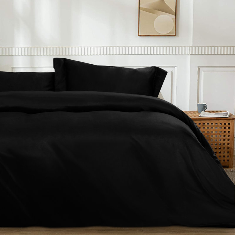 3 Pieces Duvet Cover Set, Satin Comforter Cover Set with Hidden Zipper Design - NTBAY, Queen Duvet Cover + 2 Shams, Black