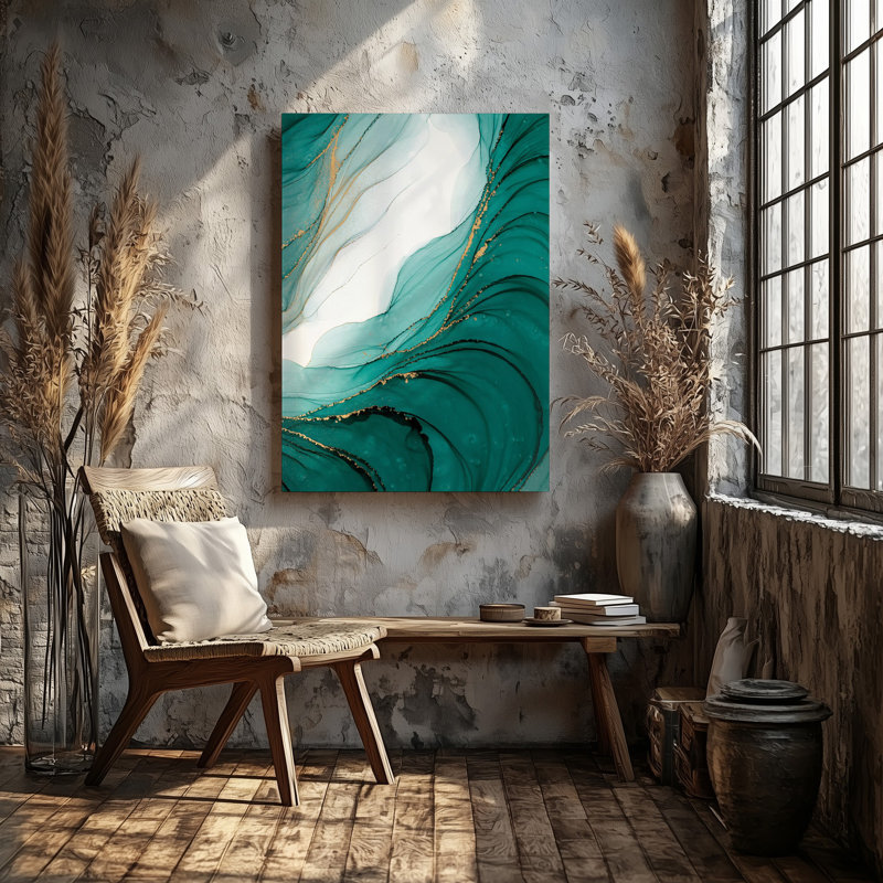 Toile d'une œuvre d'art abstraite envoûtante avec un mélange d'art émeraude profond vert et blanc aux teintes douces entrecoupées de délicates impressions sur toile