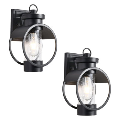 Dusk to Dawn Outdoor Wall Sconce with Seeded Glass Shade, 12-Inch Black Exterior Light Fixture, 2-Pack