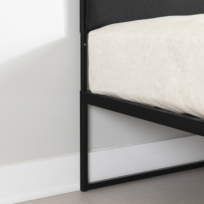 Gray and Black Queen Upholstered Metal Bed Frame with Slats