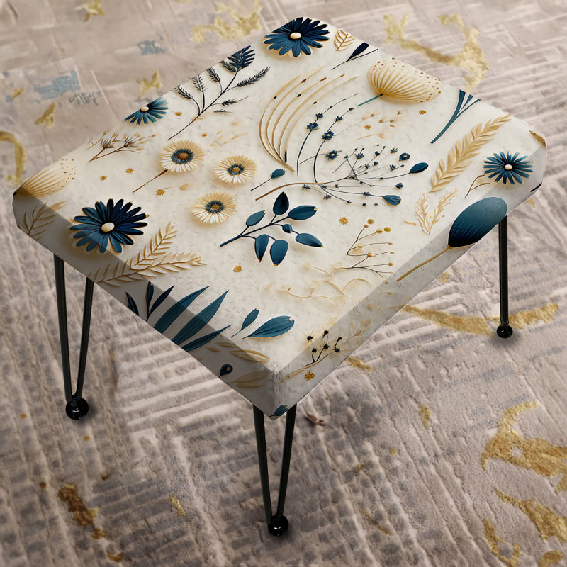 Blue And White Ferns Minimalism Boho Pattern II - Floral Rectangle Ottoman