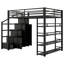 Lit mezzanine double en métal avec tablettes de rangement, armoires et garde-robe, noir
