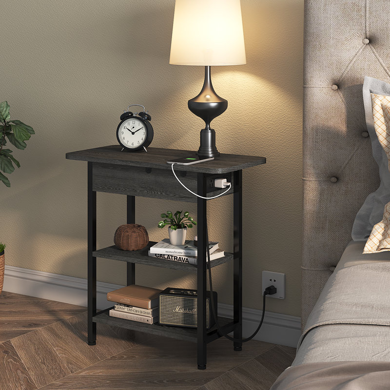 End Table Set of 2 with Storage and Charging Station, Dark Gray