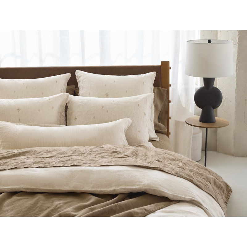 Taie décorative brodée Cambria, Très grand lit, Chambray naturel / brun