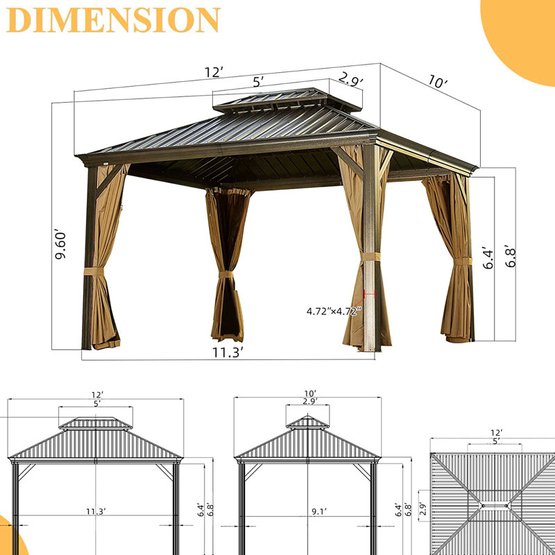Pavillon de jardin à double toit en acier galvanisé - convient pour une utilisation hivernale, 120 po x 144 po, cadre brun avec auvent, résistance aux intempéries, rideaux d'intimité à flamme