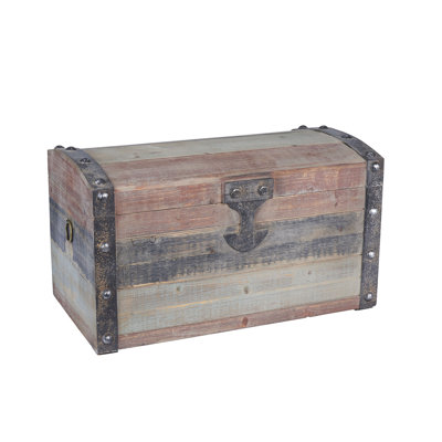 Small Wooden Storage Trunk, Weathered Wood with Paint Finish, Hinged Lid with Metal Accents