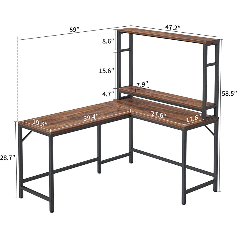Bureau en U avec rehausse Uchida, Chêne / Noir