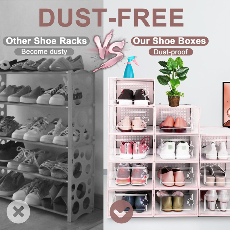 Clear Plastic Stackable Shoe Organizers With Lids, 12 Pack Under Bed Storage Bins For Closet And Entryway, Drop Front Design For Easy Access