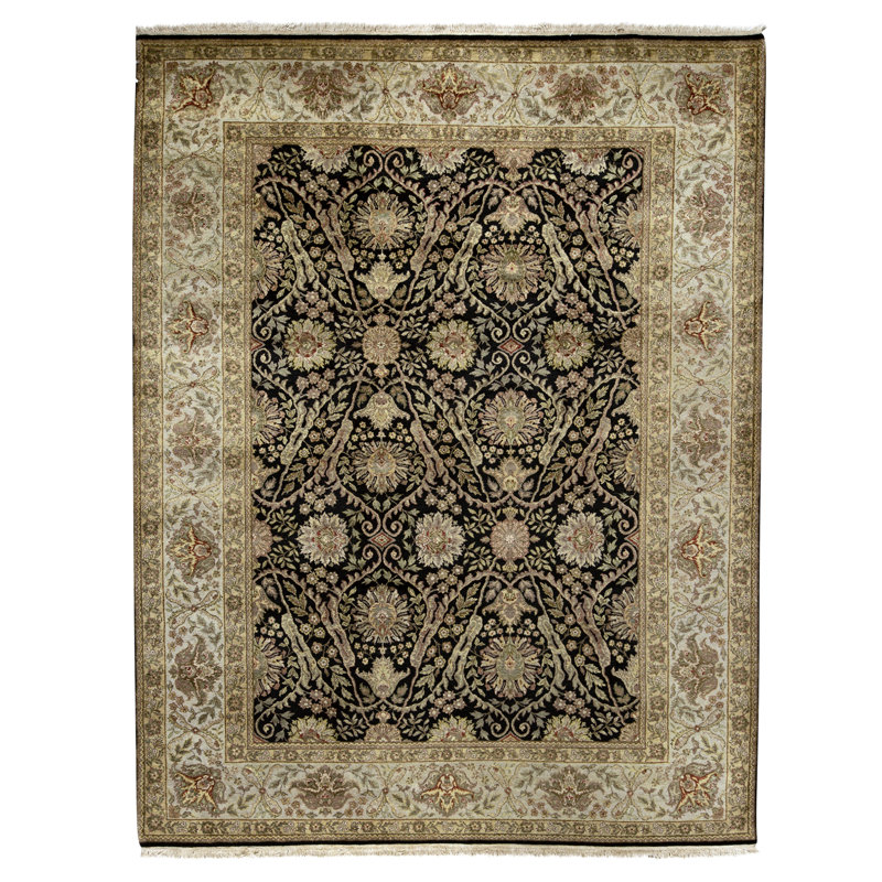Tapis noir et gris noué à la main de haute qualité