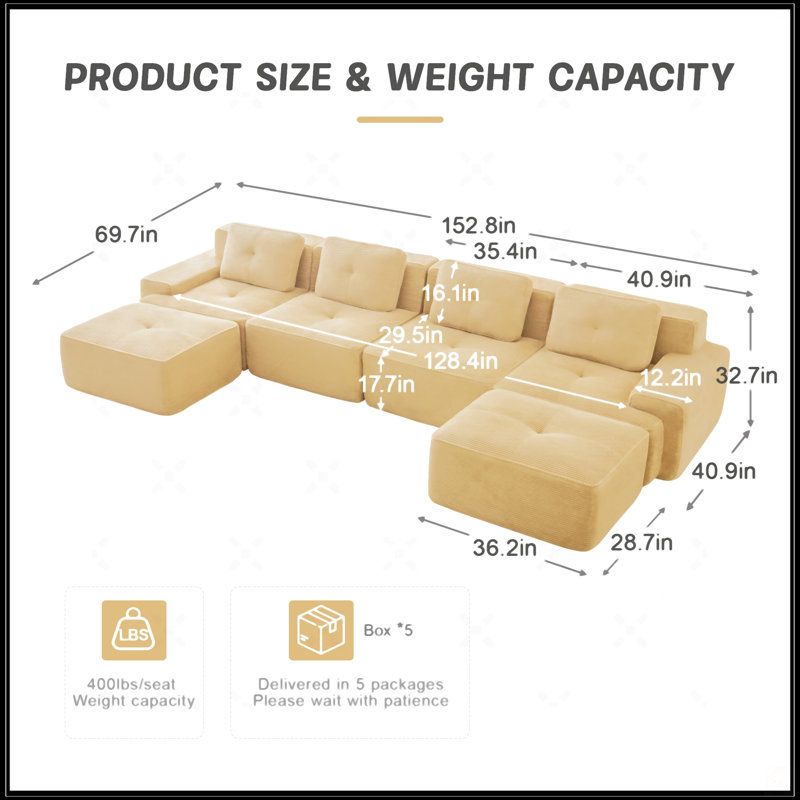 153" Modern U-Shaped Modular Sectional Sofa, Camel