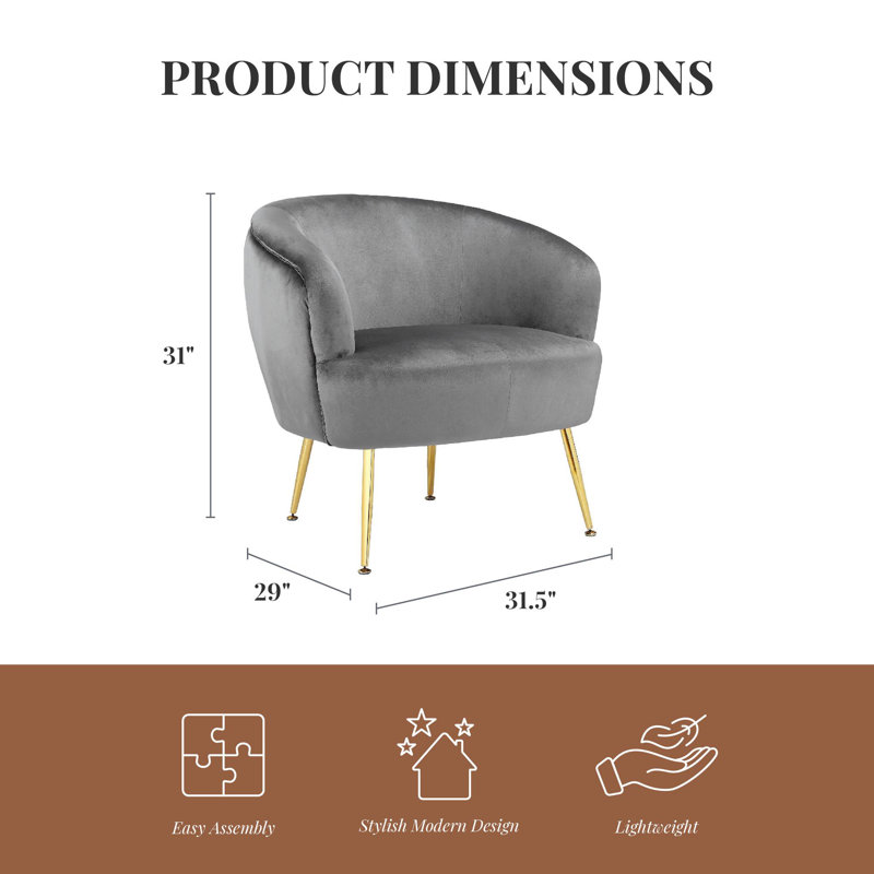 Gray Velvet Barrel Accent Chair with Gold Legs