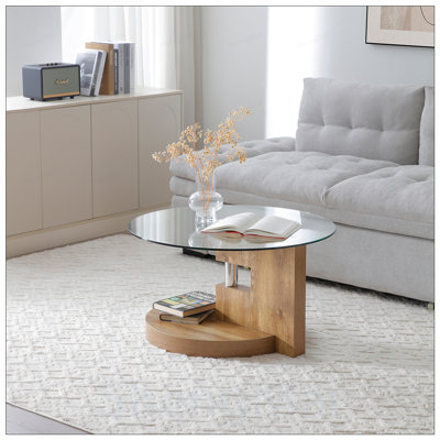 Table basse moderne moderne à double couche avec plateau en verre et pieds en bois aggloméré, parfaite pour le bureau, la salle à manger et le salon