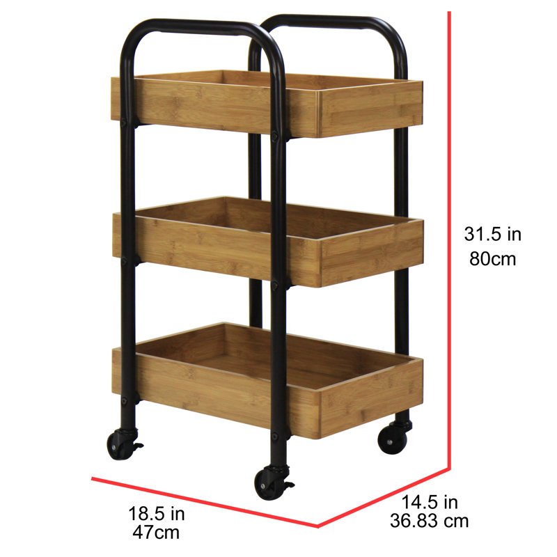 Black and Natural Bamboo 3-Tier Portable Storage Cart