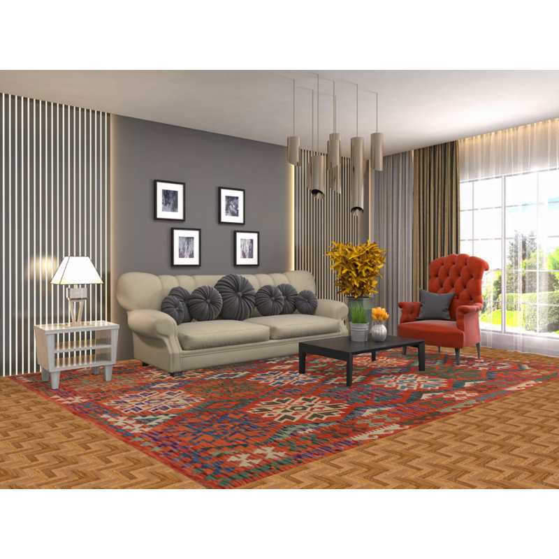 Tapis oriental en laine orange Kilim 9 x 11