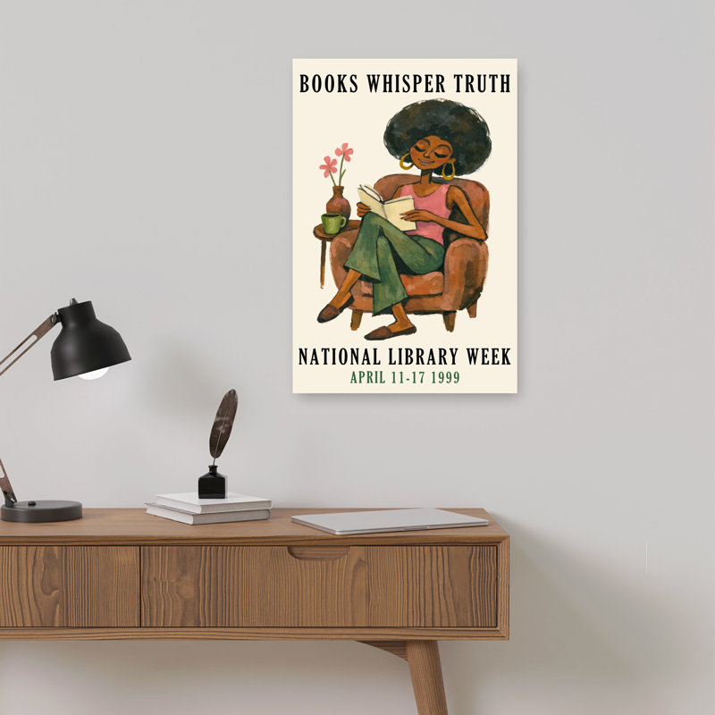Femme afro lisant une fleur rétro rétro, art mural, 18" H x 12" W
