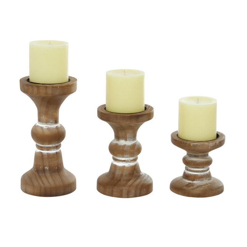Ensemble de porte-bougie pilier en bois perlé brun