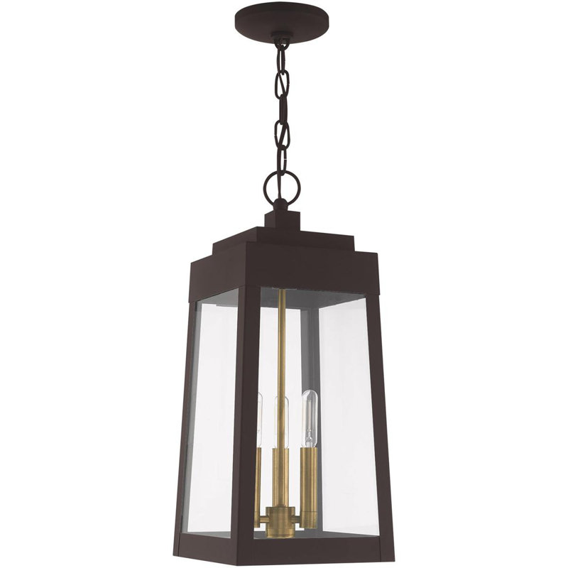 Lanterne suspendue d'extérieur 3 lumières avec abat-jour en verre transparent, Noir / Bronze