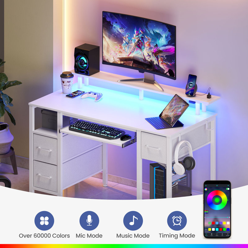 Computer Desk with 4 Drawers and Monitor Shelf, Gaming Desk with LED Lights & Power Outlets, 34.4" H x 47.2" W x 18.5" D
