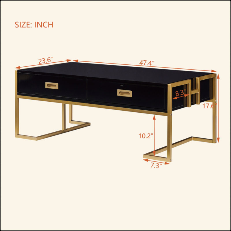 Modern Rectangular Coffee Table With 4 Drawers And Gold Base, Black