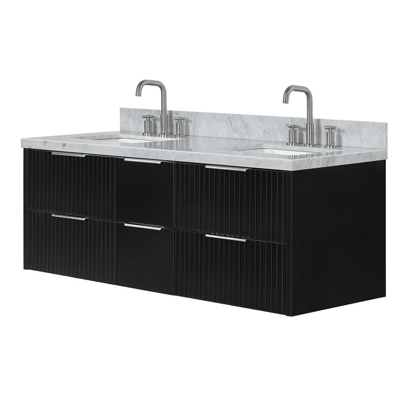 Meuble-lavabo mural double rectangulaire 61 po avec comptoir en marbre blanc de Carrare 1,5 po Mulloy, Rectangulaire, Noir