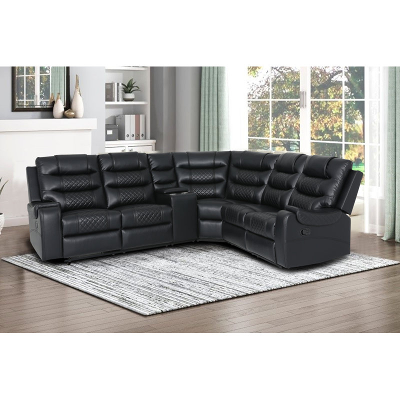 3 - Piece Modern and Overstuffed Soft Breathable Vegan Leather Manual Reclining Sectional, Black Faux Leather